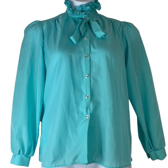 Vintage Blouse Size 10 Blue Button Front Tie Ruffled Neckline Copy Cats - Picture 1 of 5
